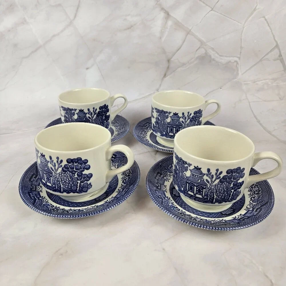 Vintage Set of 4 Churchill Blue Willow Coffee Cups and Saucers Made in England